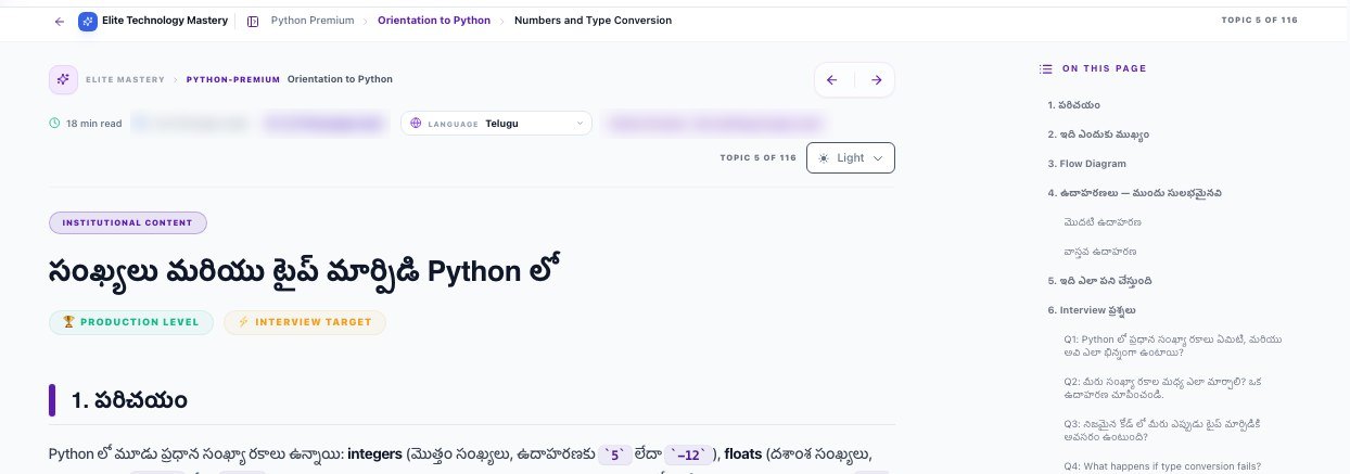 A real Elite Technology Mastery page — Python Premium, “Numbers and Type Conversion” — switched to Telugu with the Language selector: the title, section headings and explanation are in Telugu while Python terms and code such as integers, floats, 5 and -12 stay in English.